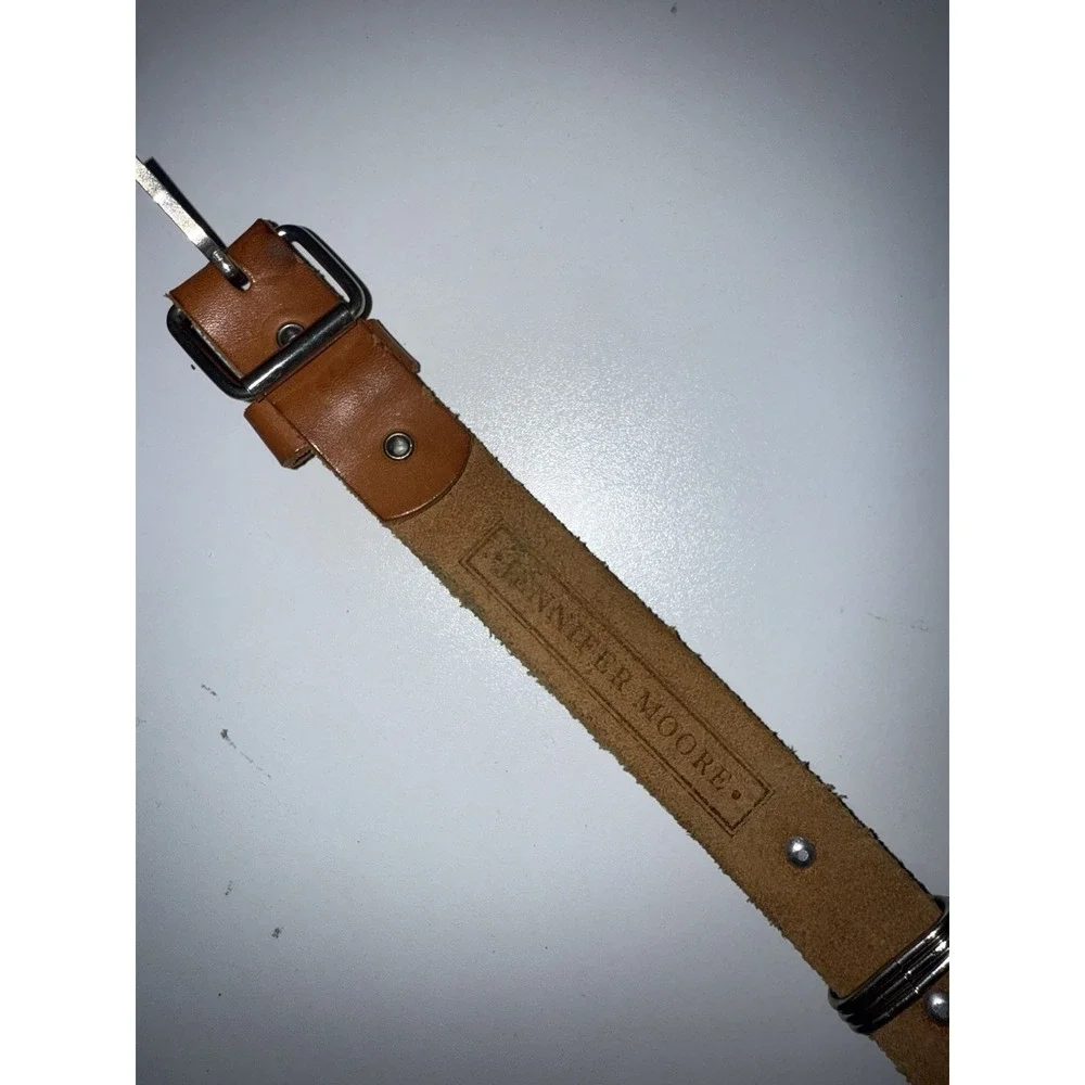 VTG JENNIFER MOORE Skinny Slim Tan Leather Belt‎ Silver Buckle Concho SIZE L 38
